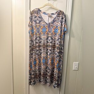Artisan NY 2X Boho Short Sleeve Dress in Blue & Mustard NWT